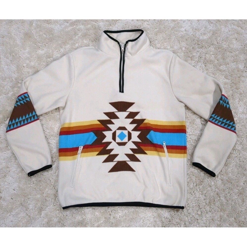 Pacsun Qtr Zip Aztec Tribal Geometric Pattern Cream Small Fleece